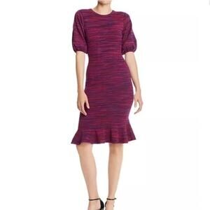 Milly Sweater Knit Dress Purple Pink Small Space Dye Puff Sleeve Ruffle Wiggle